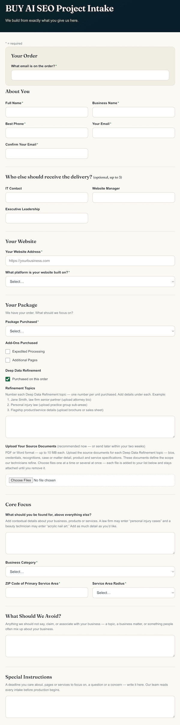 The BuyAISEO project intake form: your order, about you, your website, your package, your focus, special instructions and terms
